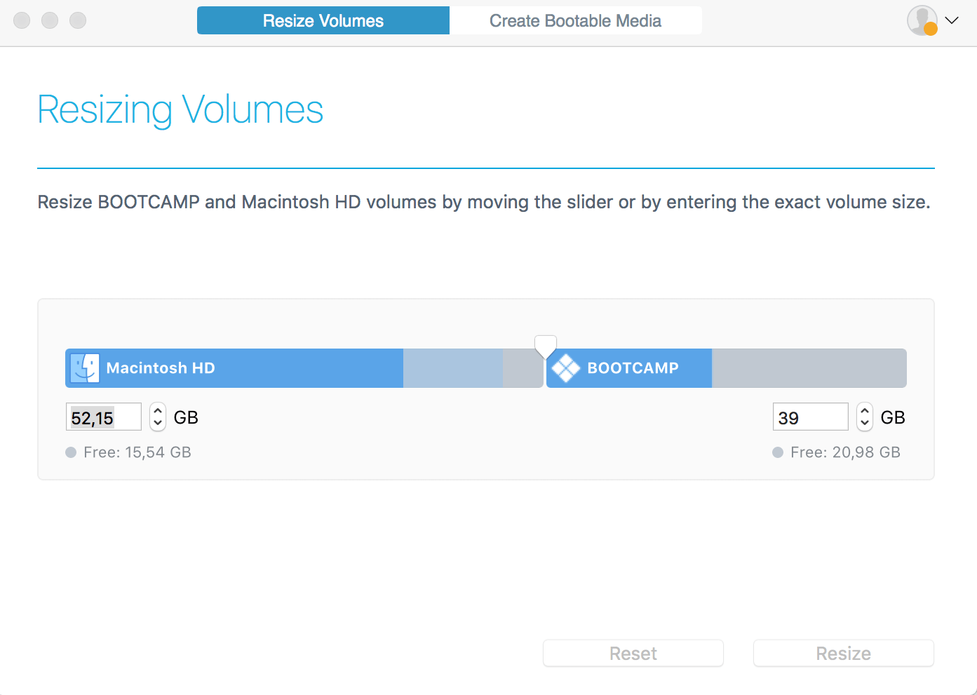 Paragon CampTune. Ustawiaj dokładny rozmiar woluminów Mac i Bootcamp. Zrzut ekranu.
