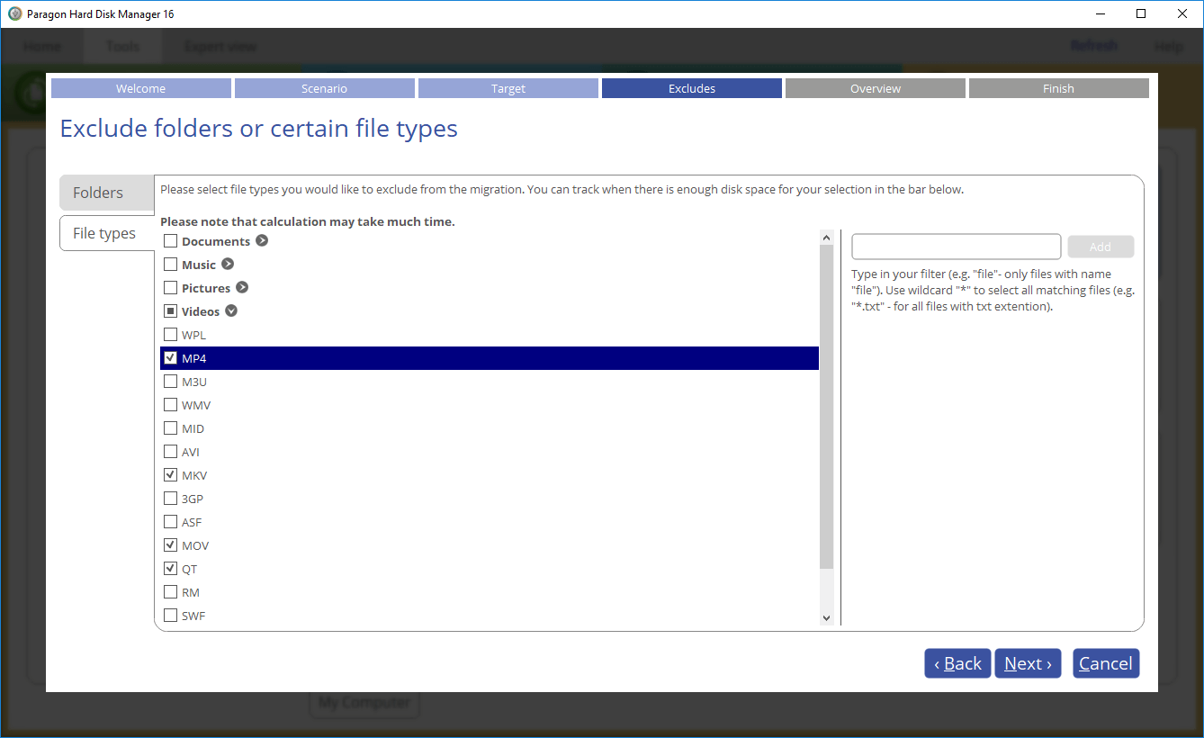 Paragon Hard Disk Manager for Windows. Resize volumes: exclude redundant files from partitions and select files to discard. Screenshot.