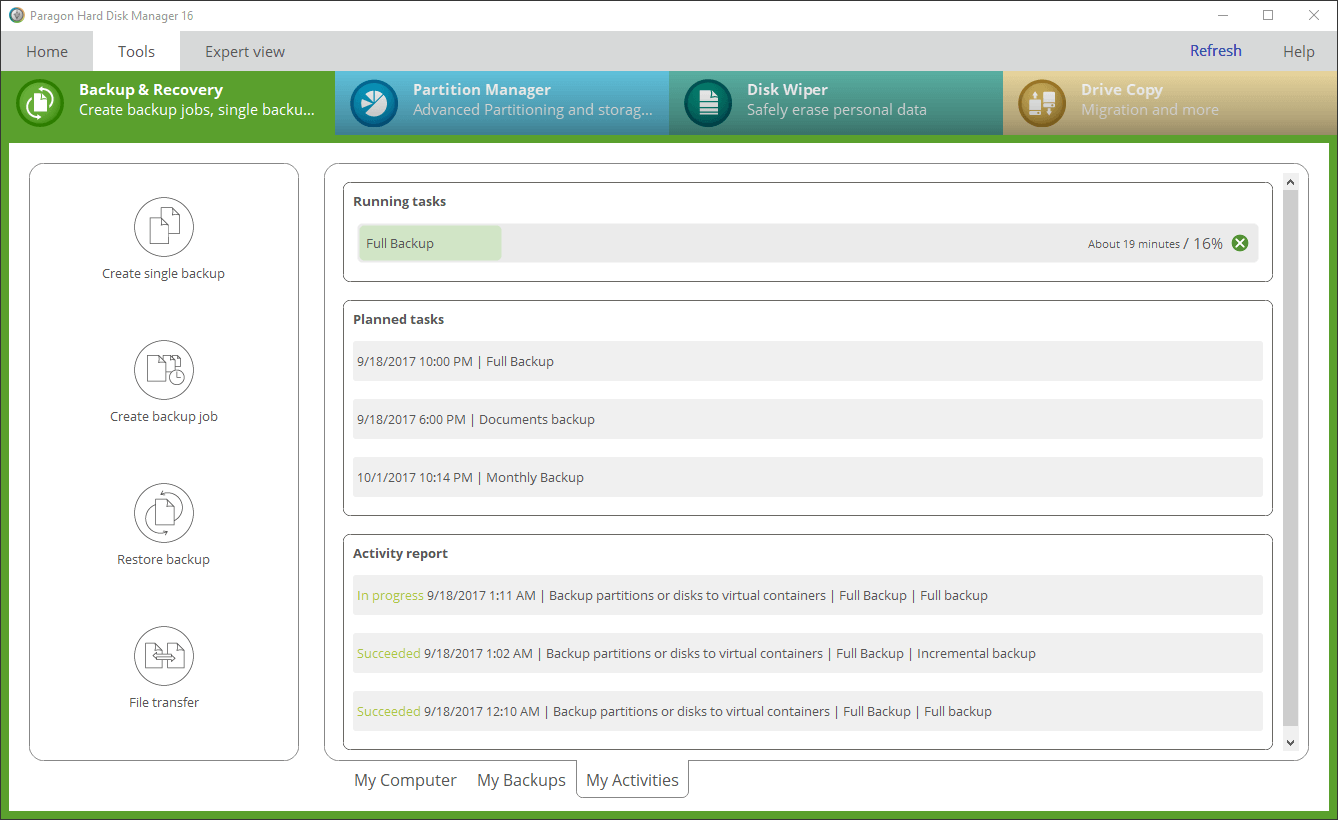 Paragon Hard Disk Manager for Windows. Manage backup operations on Windows. Screenshot.