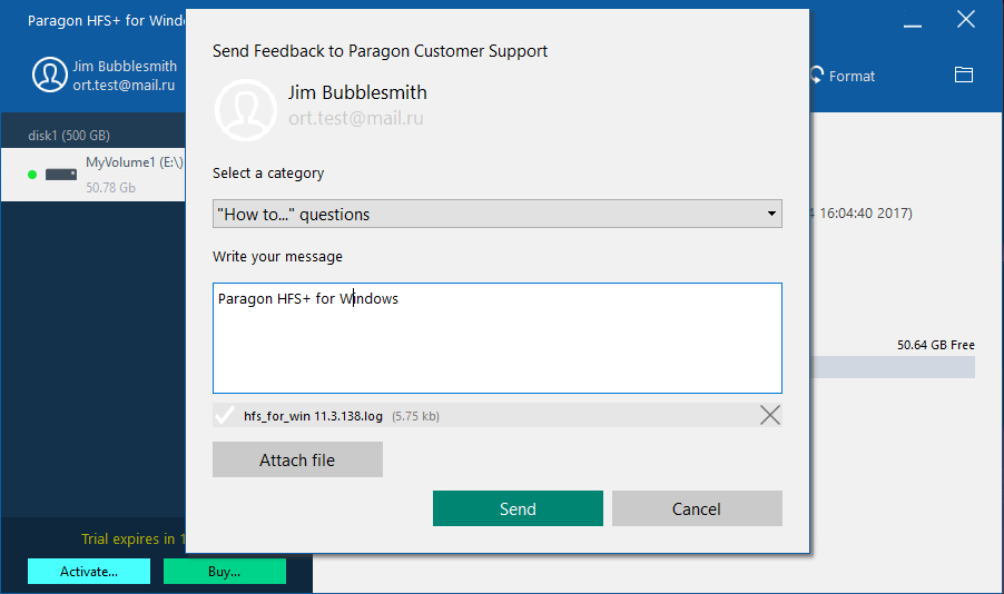 HFS+ for Windows firmy Paragon Software. Help with HFS+ driver Paragon Support. Zrzut ekranu.